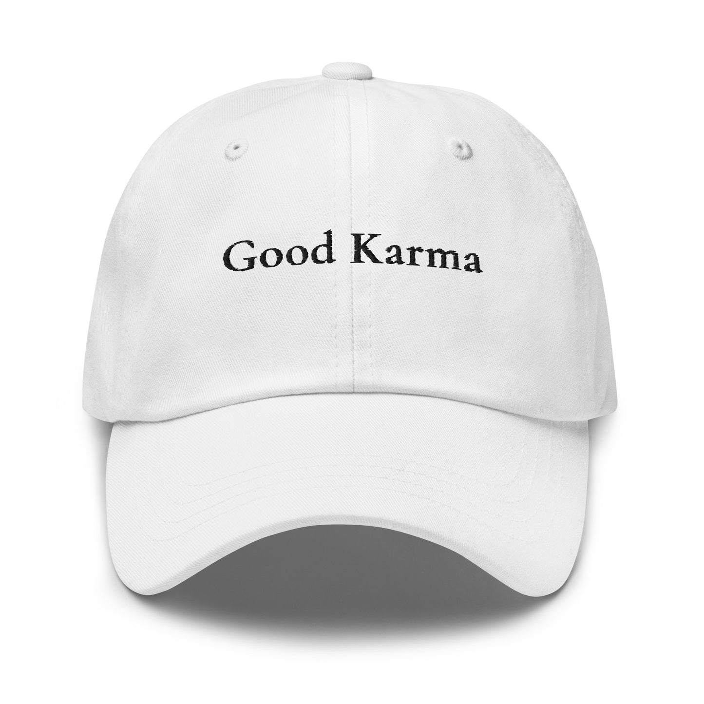 White adjustable dad cap with Good Karma embroidery in black by Paper Coconuts, casual everyday hat with minimalist style