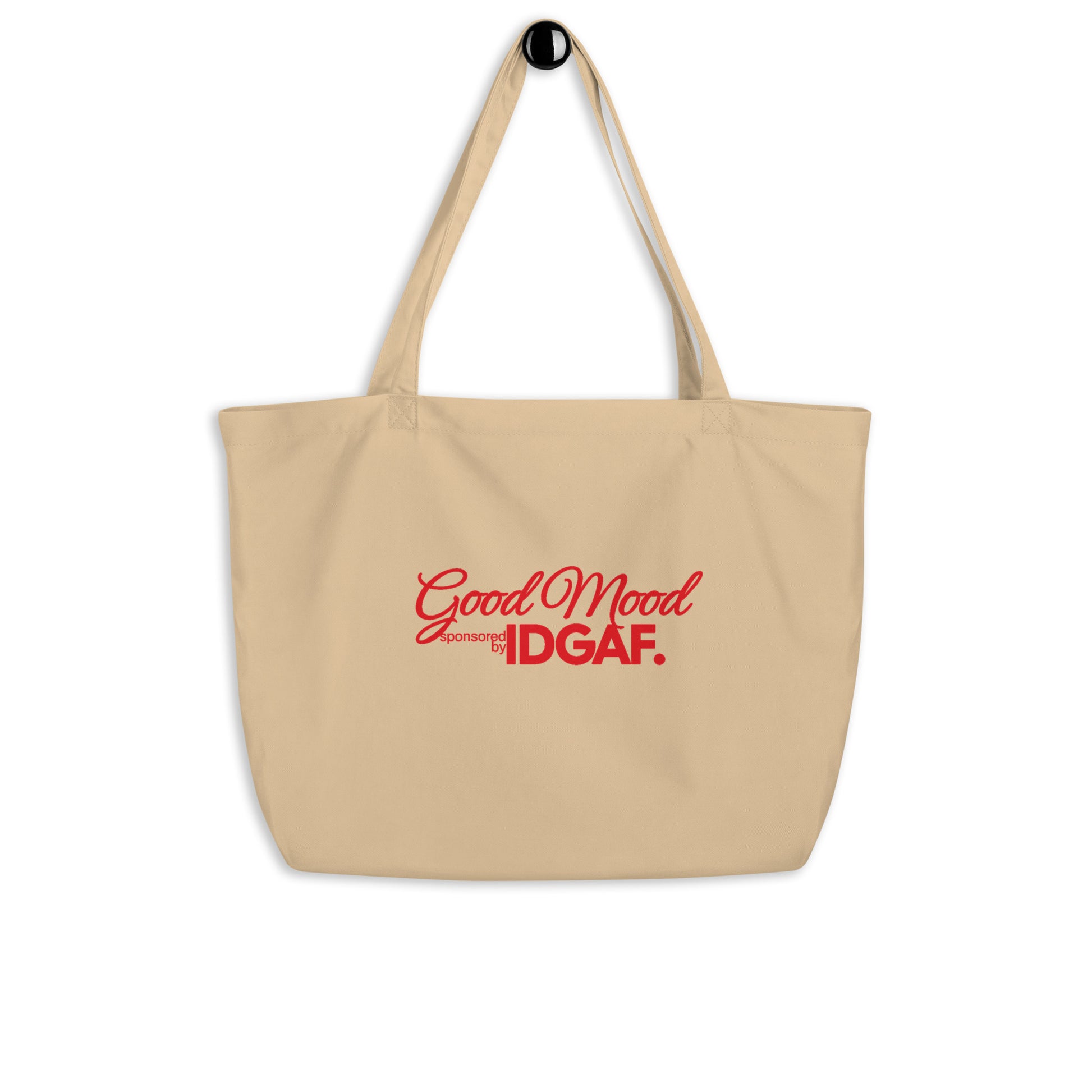 Beige eco-tote bag with red "Good Mood sponsored by IDGAF" text.