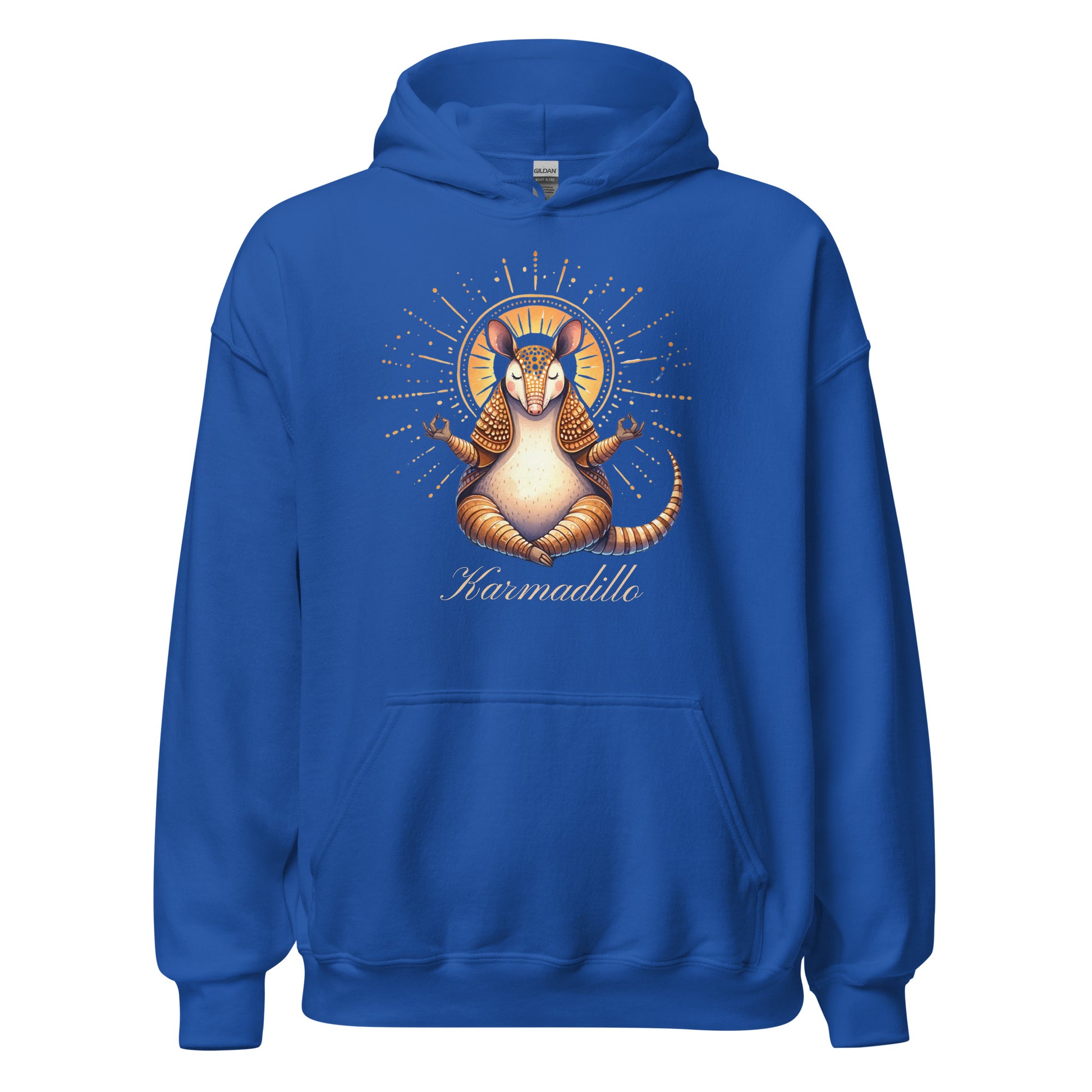 Royal blue hoodie featuring a "Karmadillo" design, showcasing a meditating armadillo surrounded by radiant details.