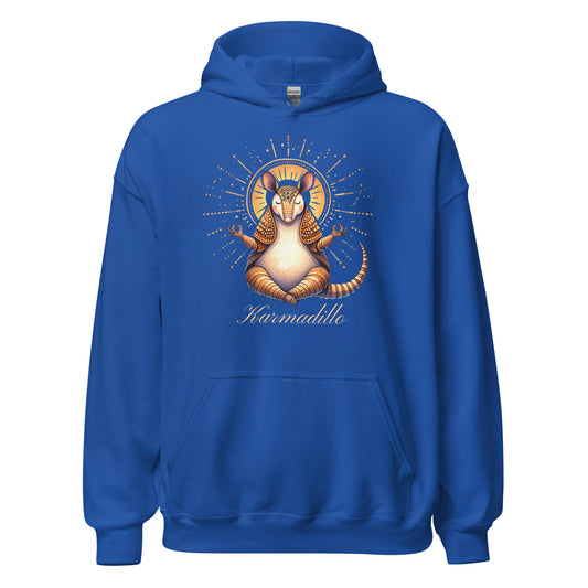 Royal blue hoodie featuring a "Karmadillo" design, showcasing a meditating armadillo surrounded by radiant details.