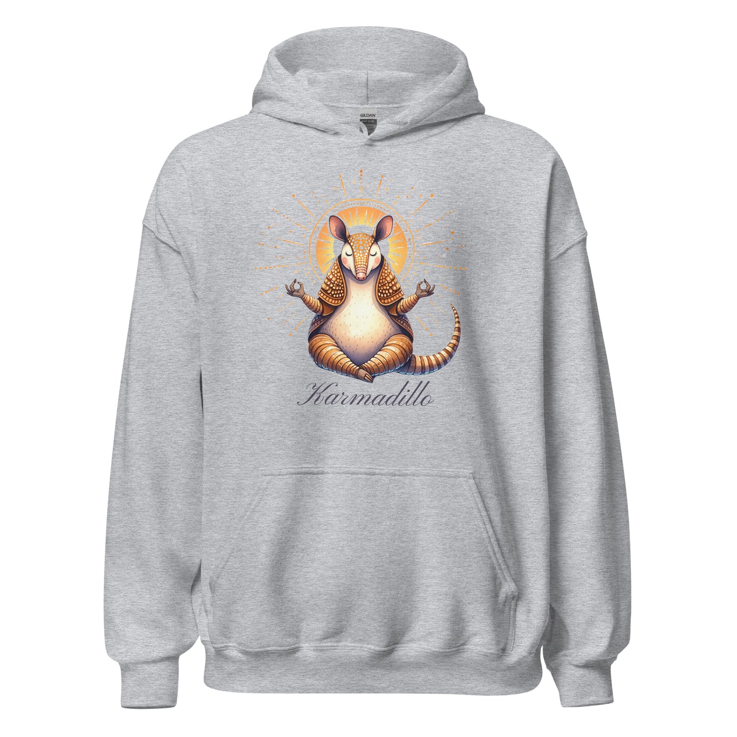Sport grey hoodie featuring a "Karmadillo" design, showcasing a meditating armadillo surrounded by radiant details.