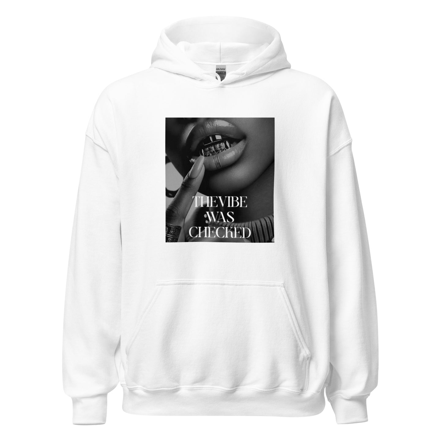 White hoodie featuring a bold black-and-white print of lips with a grill and the phrase "THE VIBE WAS CHECKED.