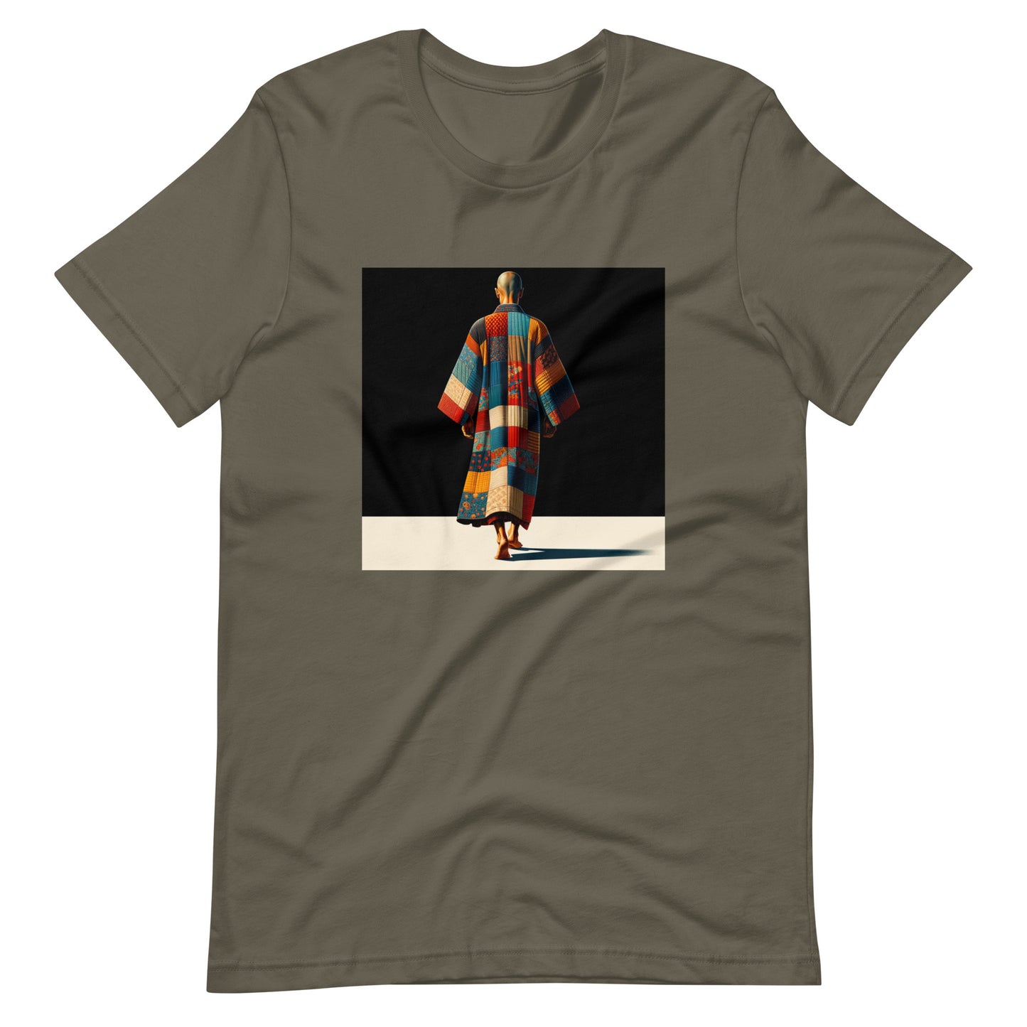 Army green t-shirt featuring a vibrant image of a person walking in a colorful patterned robe. The t-shirt reflects mindfulness and individuality, perfect for eco-conscious fashion enthusiasts who value comfort, self-expression, and urban style.