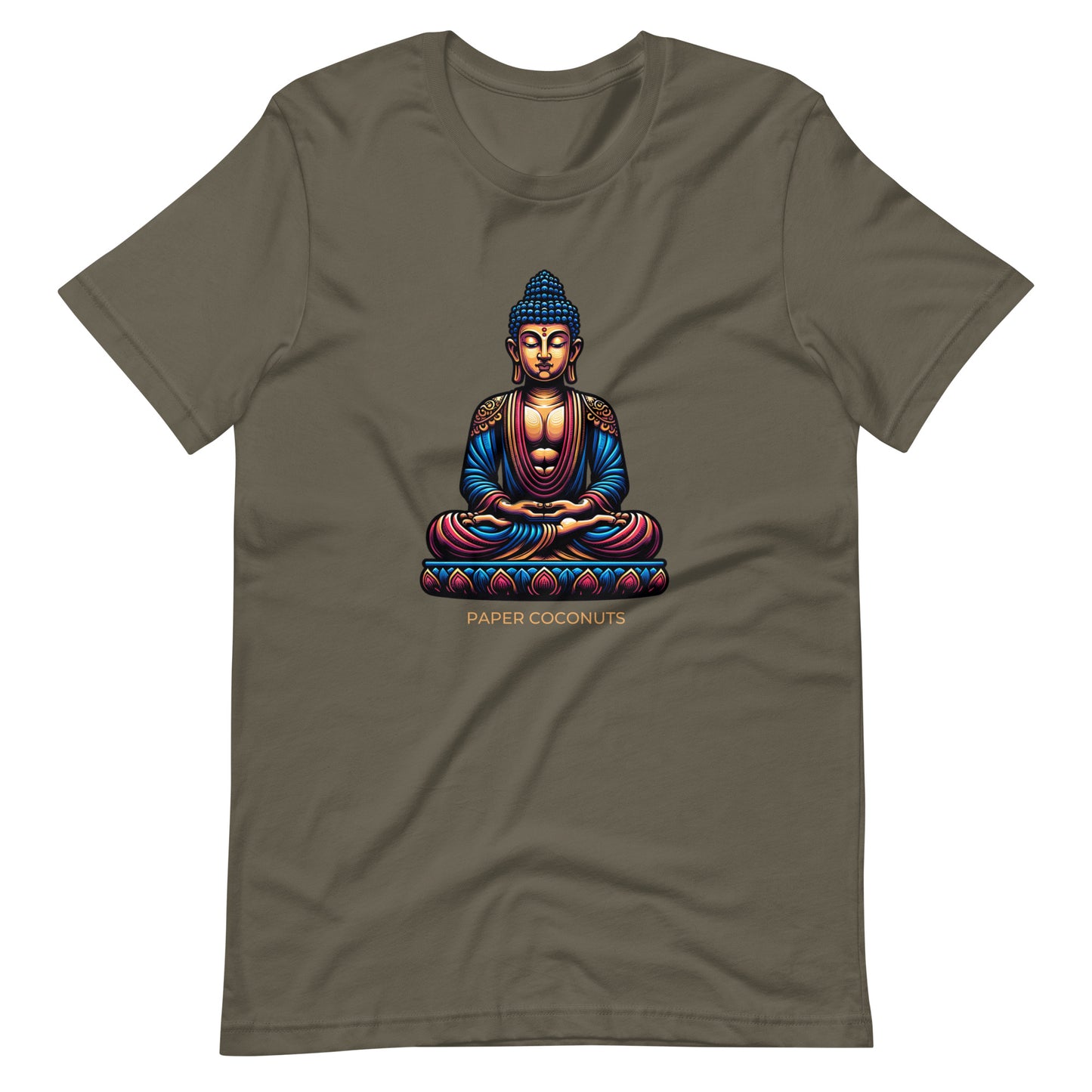 Army green t-shirt with a colorful Buddha illustration and "PAPER COCONUTS" text beneath it.