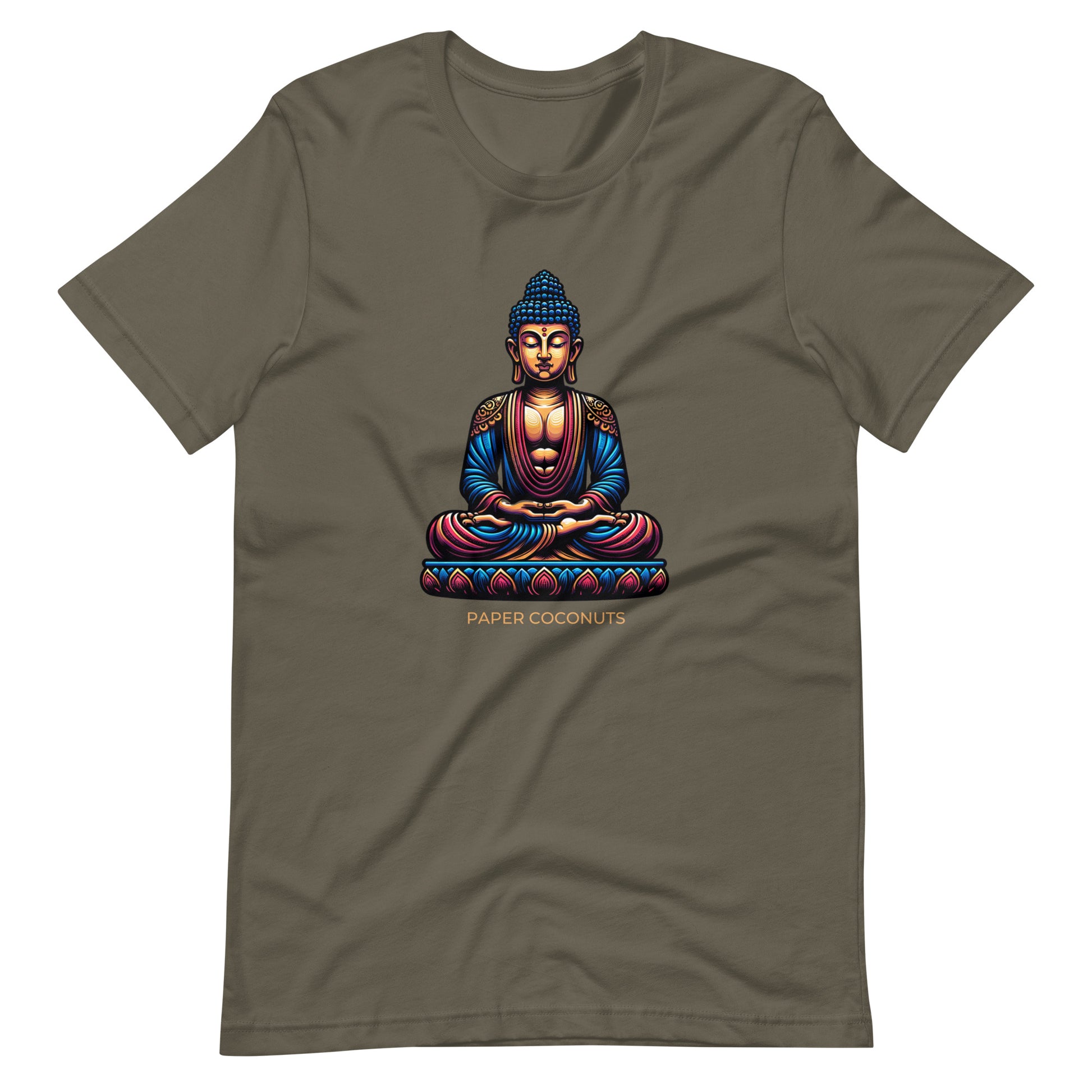 Army green t-shirt with a colorful Buddha illustration and "PAPER COCONUTS" text beneath it.