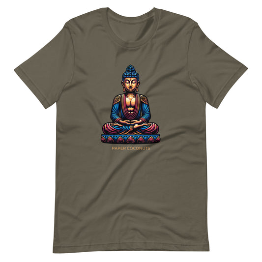 Army green t-shirt with a colorful Buddha illustration and "PAPER COCONUTS" text beneath it.