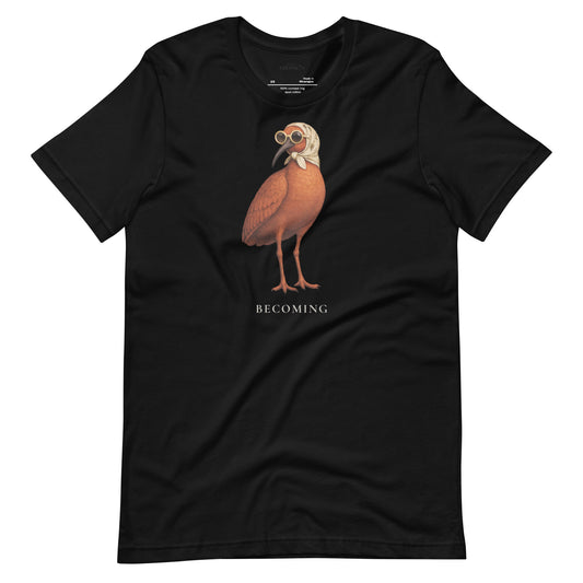 Black unisex graphic t-shirt featuring Becoming bird design by Paper Coconuts, styled for everyday wear and self-expression