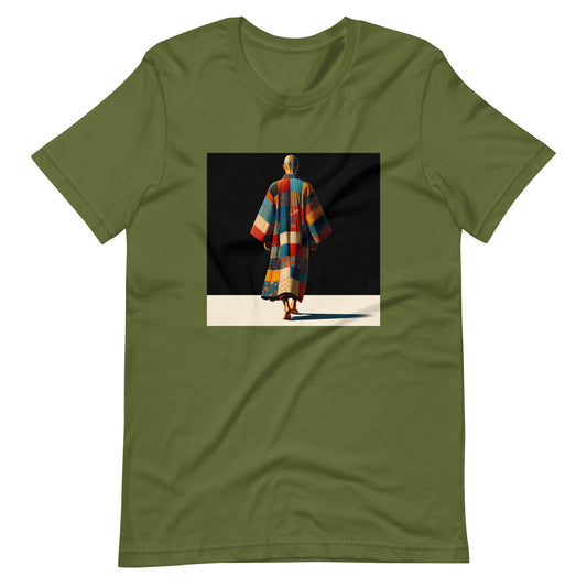 Olive green t-shirt featuring a vibrant image of a person walking in a colorful patterned robe. The t-shirt reflects mindfulness and individuality, perfect for eco-conscious fashion enthusiasts who value comfort, self-expression, and urban style.