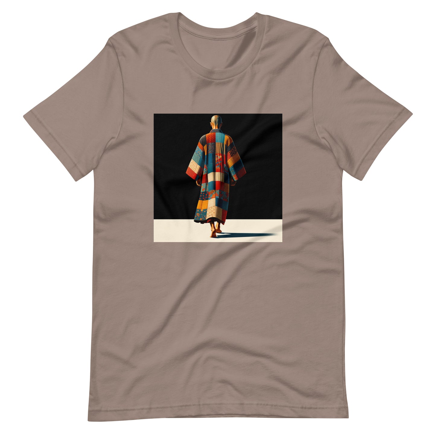 Beige t-shirt featuring a vibrant image of a person walking in a colorful patterned robe. The t-shirt reflects mindfulness and individuality, perfect for eco-conscious fashion enthusiasts who value comfort, self-expression, and urban style.
