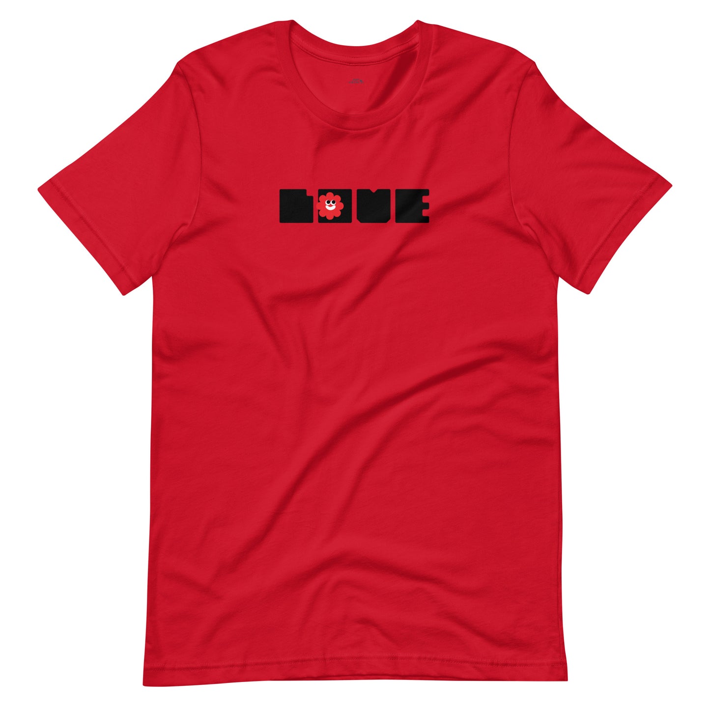 Red t-shirt featuring the word "LOVE" in bold black letters, with a red smiling face inside the "O."