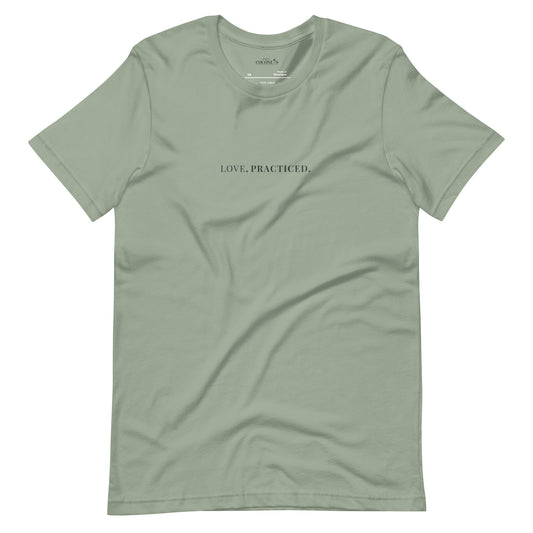 Sage minimal graphic t-shirt with Love Practiced text by Paper Coconuts, soft cotton tee for everyday wear and self-expression