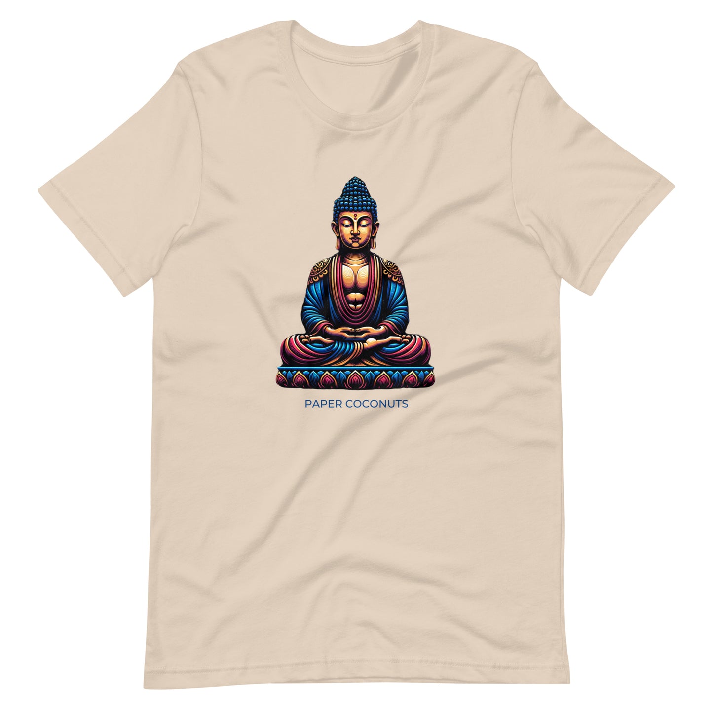 Cream t-shirt with a colorful Buddha illustration and "PAPER COCONUTS" text beneath it.