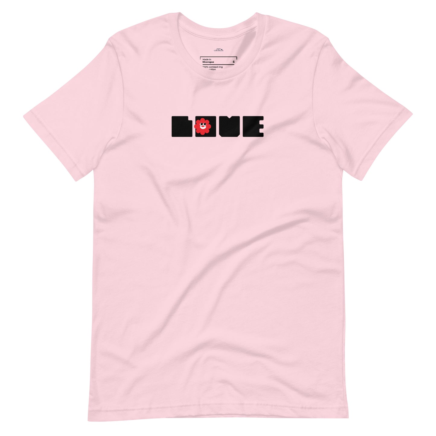 Pink t-shirt featuring the word "LOVE" in bold black letters, with a red smiling face inside the "O."