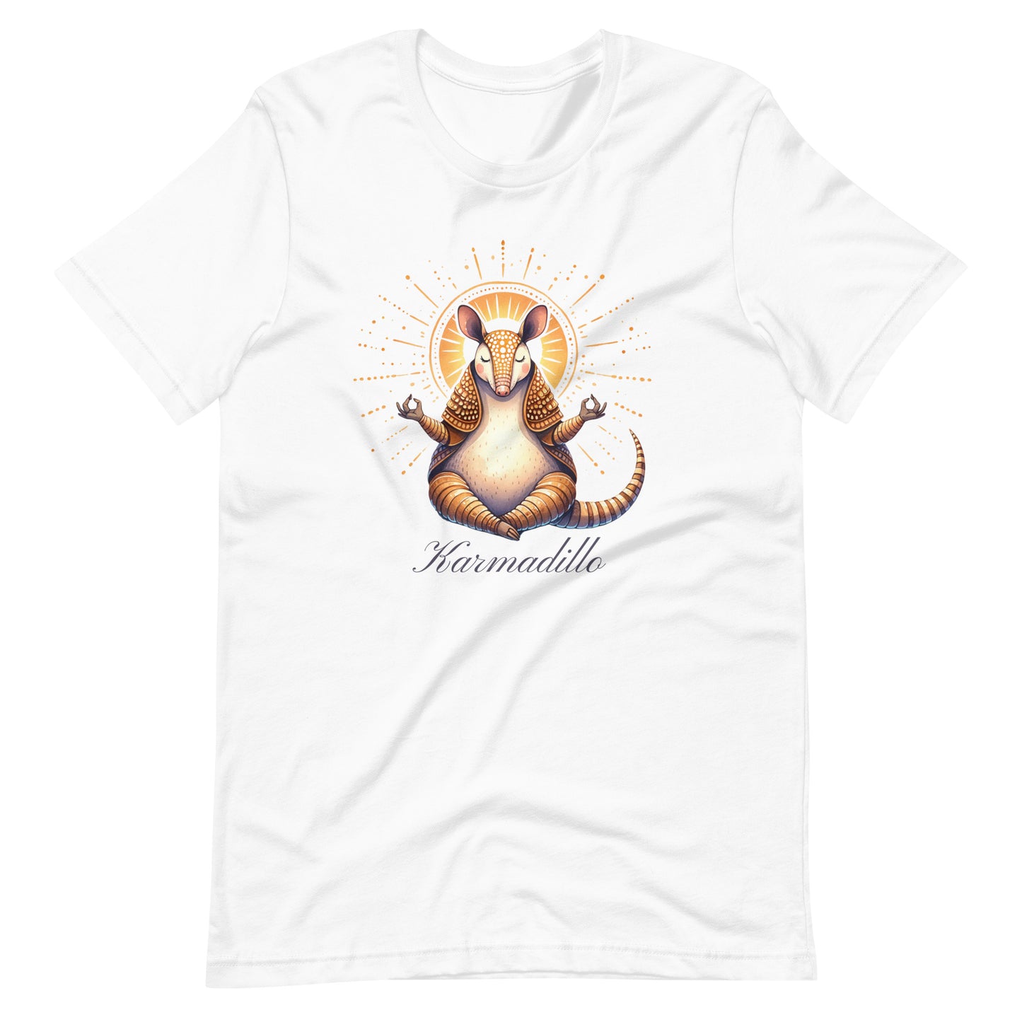 White t-shirt featuring a "Karmadillo" design with a meditating armadillo radiating peaceful energy.