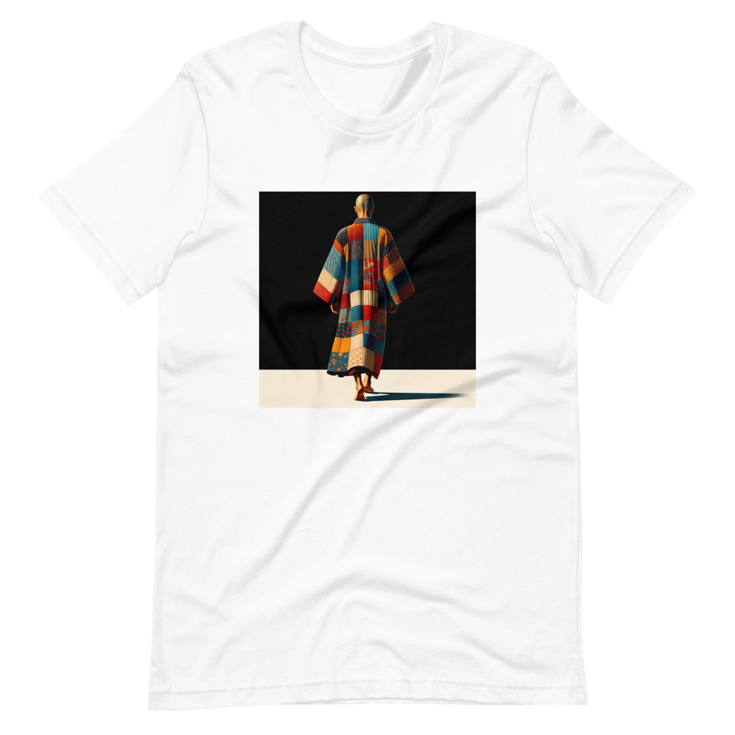 White t-shirt featuring a vibrant image of a person walking in a colorful patterned robe. The t-shirt reflects mindfulness and individuality, perfect for eco-conscious fashion enthusiasts who value comfort, self-expression, and urban style.