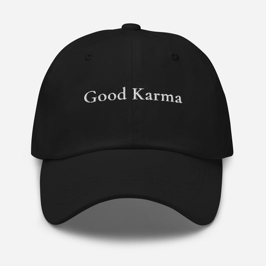 Black adjustable dad cap with Good Karma embroidery in white by Paper Coconuts, casual everyday hat with minimalist style