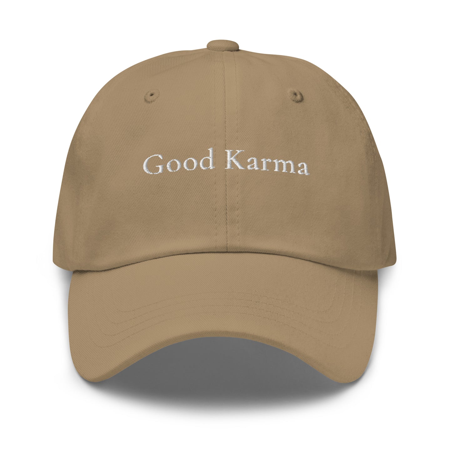 Khaki adjustable dad cap with Good Karma embroidery in white by Paper Coconuts, casual everyday hat with minimalist style