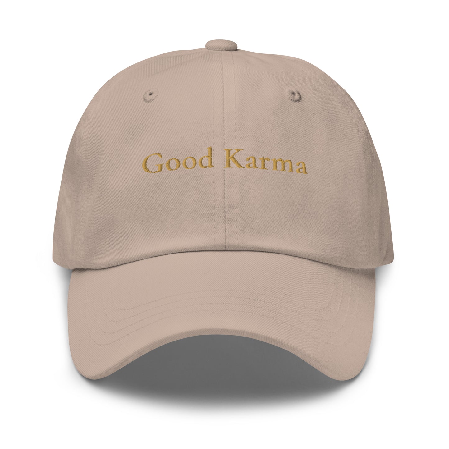 Stone adjustable dad cap with Good Karma embroidery in gold by Paper Coconuts, casual everyday hat with minimalist style