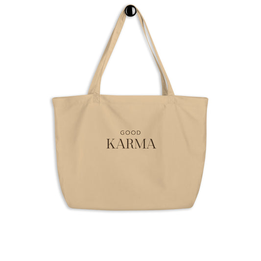 Organic cotton tote bag with Good Karma design by Paper Coconuts, spacious and durable for everyday use