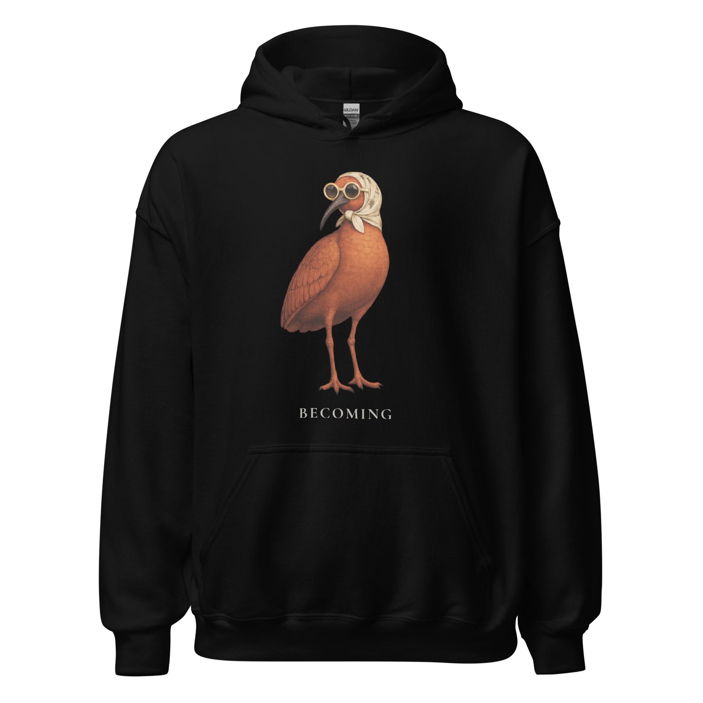 Black cotton blend hoodie with Becoming bird graphic by Paper Coconuts, relaxed fit streetwear for comfort and style
