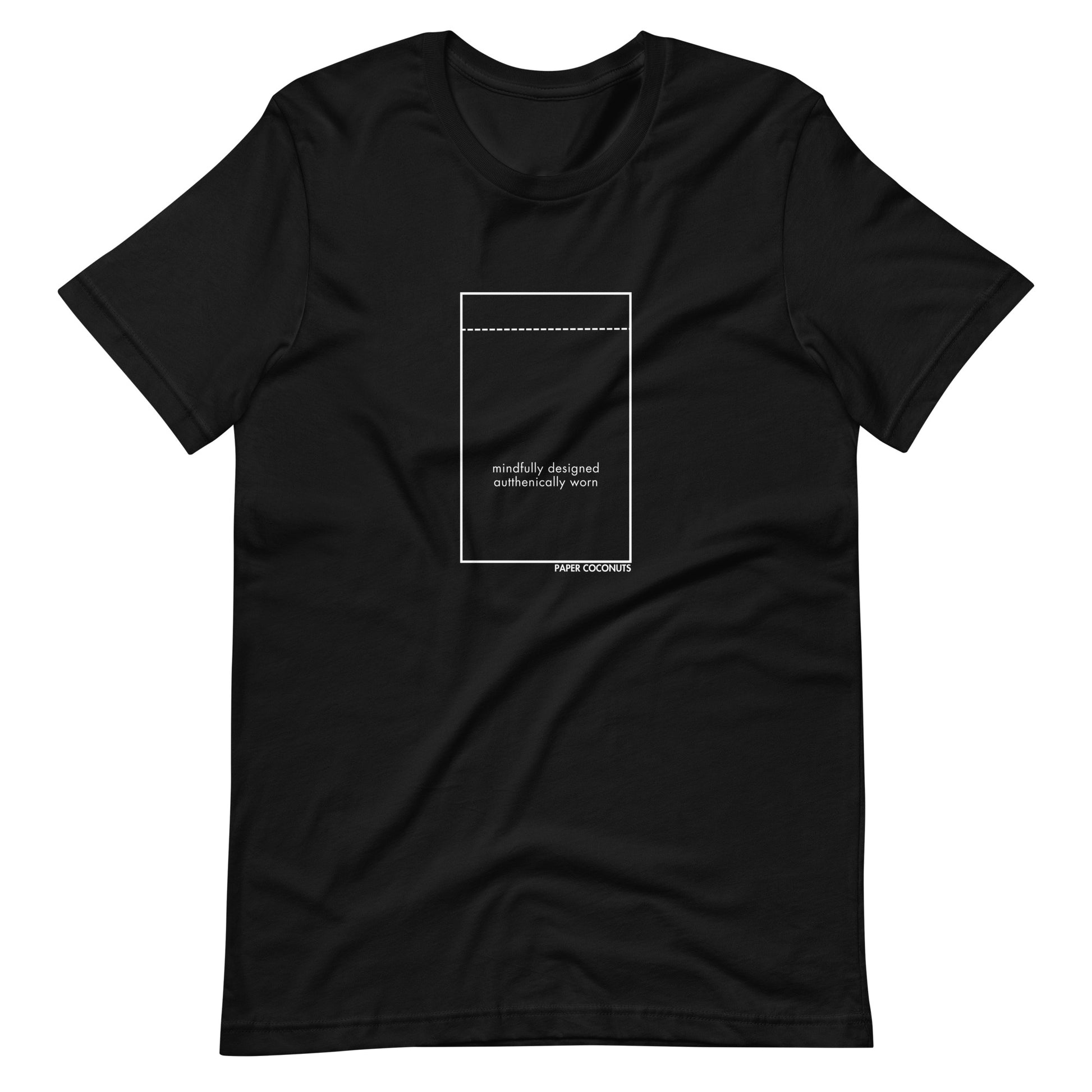 Black t-shirt with the text "mindfully designed, authentically worn" by Paper Coconuts. 