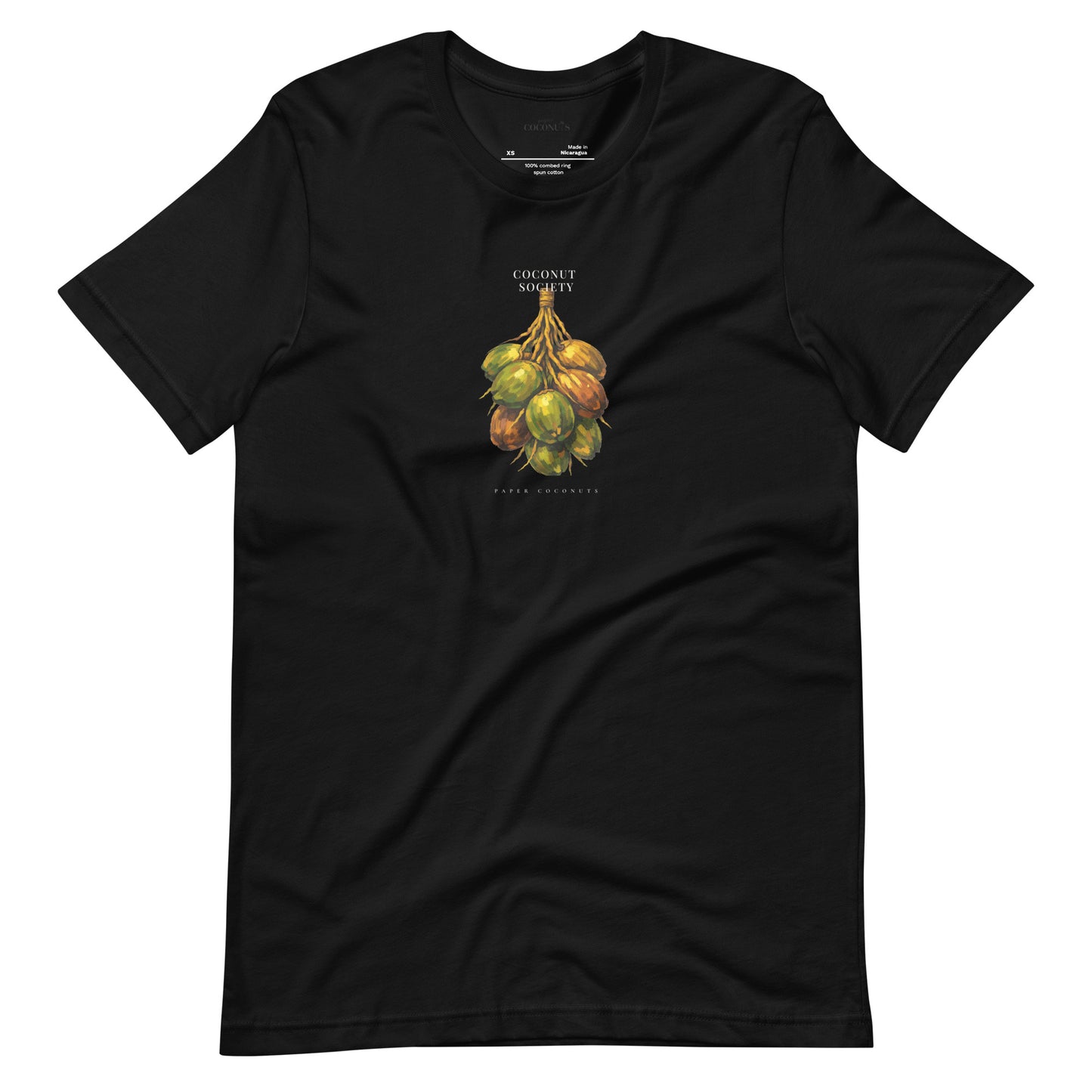 Black graphic t-shirt with Coconut Society design by Paper Coconuts, modern unisex tee for community and self-expression