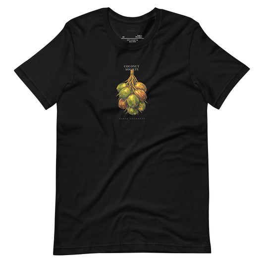 Black graphic t-shirt with Coconut Society design by Paper Coconuts, modern unisex tee for community and self-expression