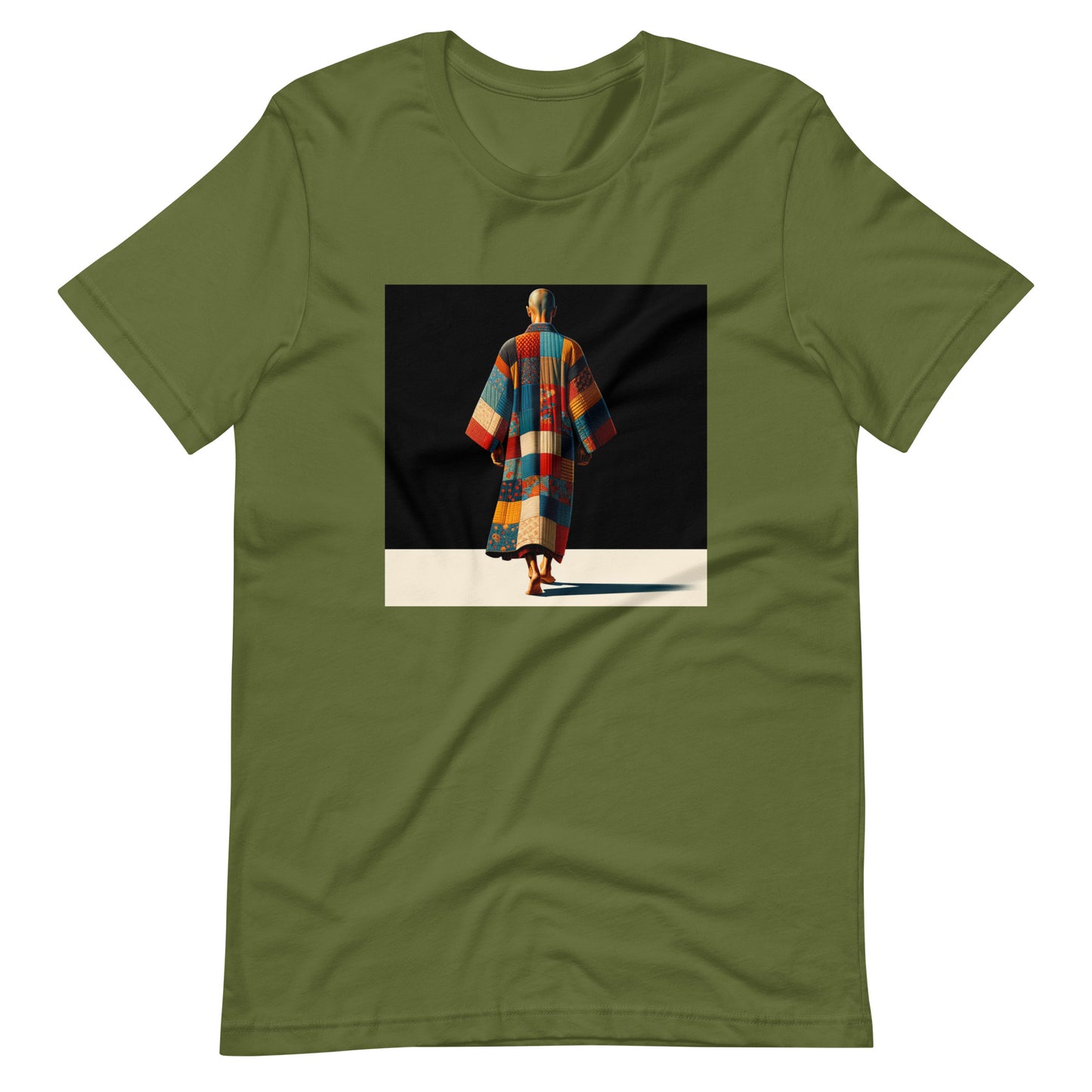 Olive green t-shirt featuring a vibrant image of a person walking in a colorful patterned robe. The t-shirt reflects mindfulness and individuality, perfect for eco-conscious fashion enthusiasts who value comfort, self-expression, and urban style.