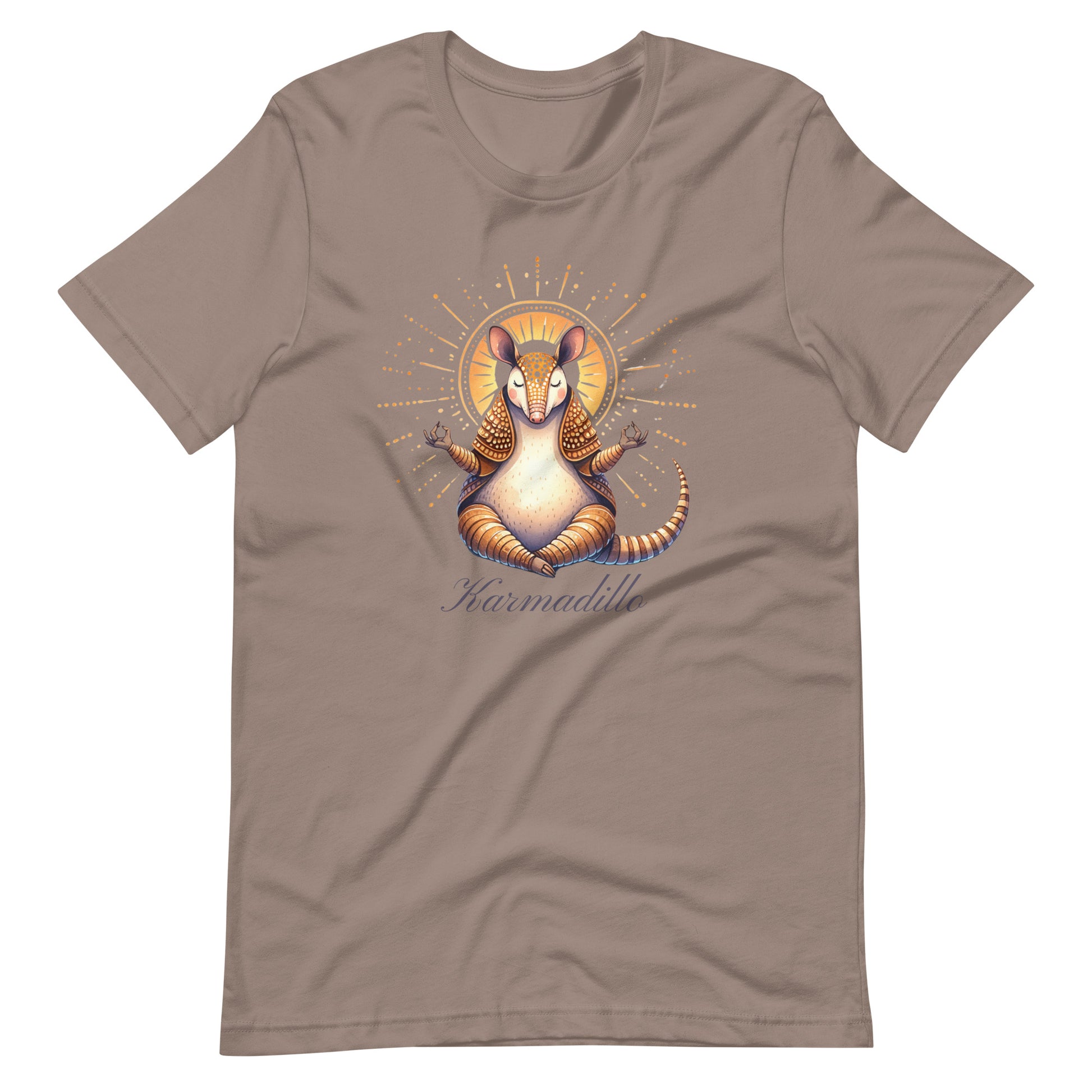 Beige t-shirt featuring a "Karmadillo" design with a meditating armadillo radiating peaceful energy. 