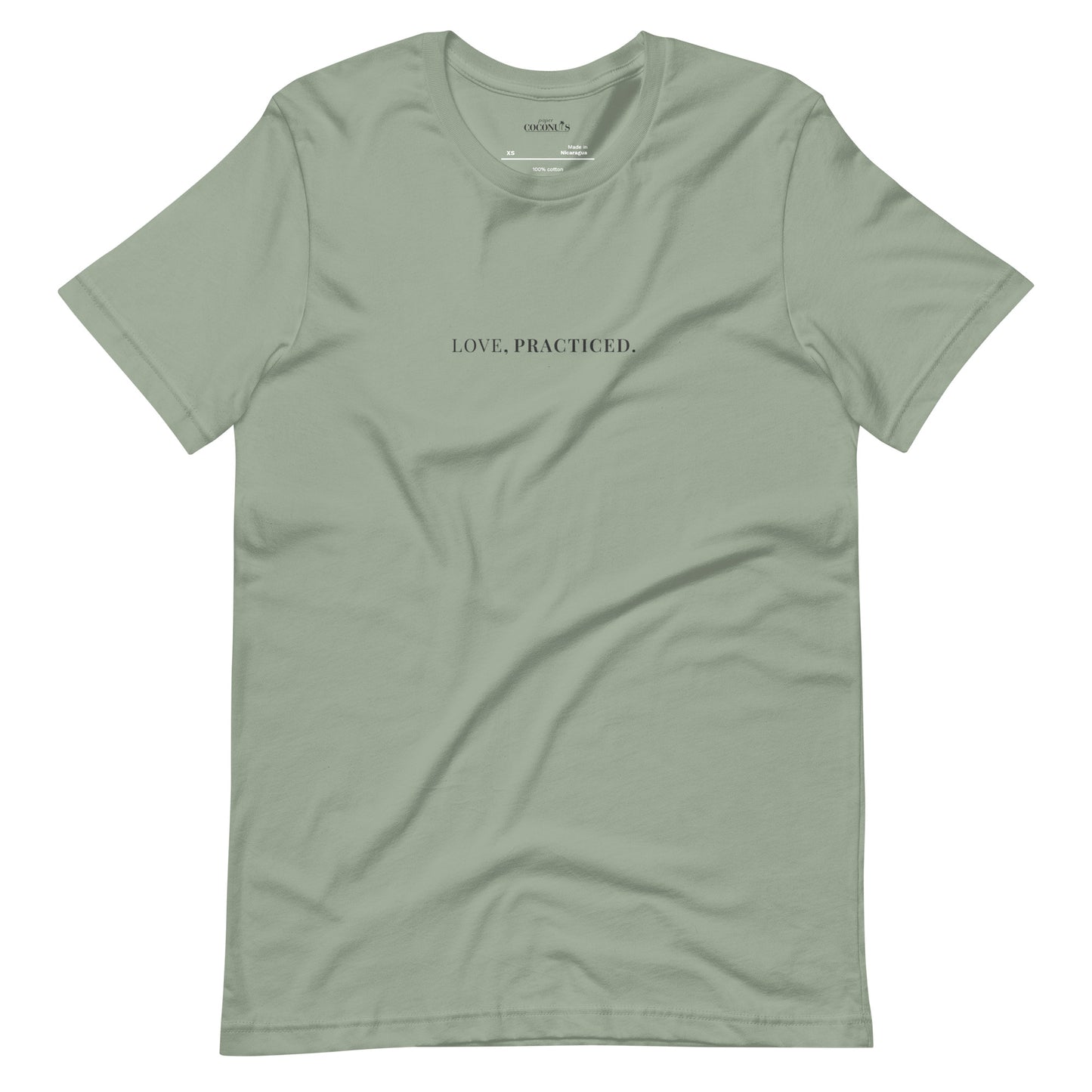 Sage minimal graphic t-shirt with Love Practiced text by Paper Coconuts, soft cotton tee for everyday wear and self-expression